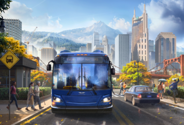 Ônibus azul moderno circulando por uma avenida movimentada de uma metrópole americana no jogo Bus Bound.