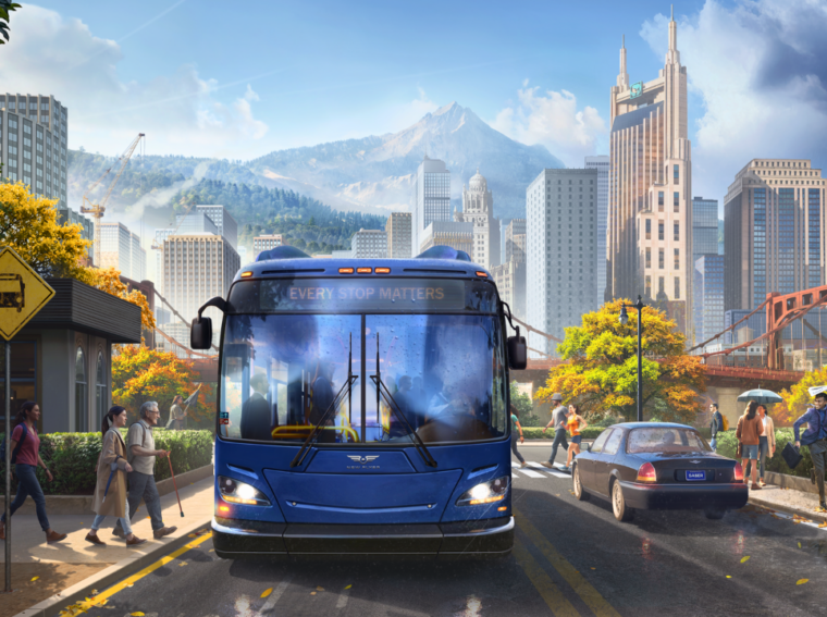 Ônibus azul moderno circulando por uma avenida movimentada de uma metrópole americana no jogo Bus Bound.