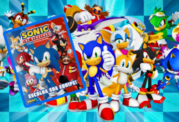 Capa do álbum de figurinhas oficial do Sonic the Hedgehog da Panini, mostrando Sonic, Tails e Knuckles em destaque.