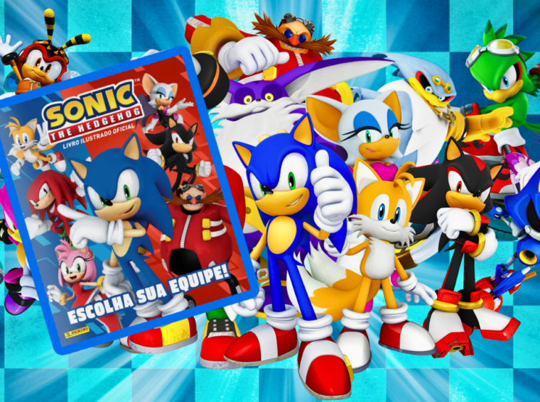 Capa do álbum de figurinhas oficial do Sonic the Hedgehog da Panini, mostrando Sonic, Tails e Knuckles em destaque.