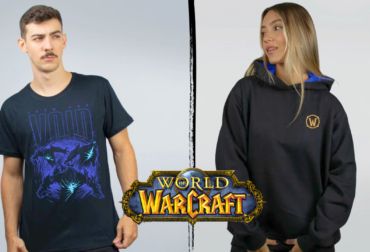 Montagem com modelos vestindo moletons da Horda e Aliança e camiseta e moletom da coleção oficial World of Warcraft da Lolja.