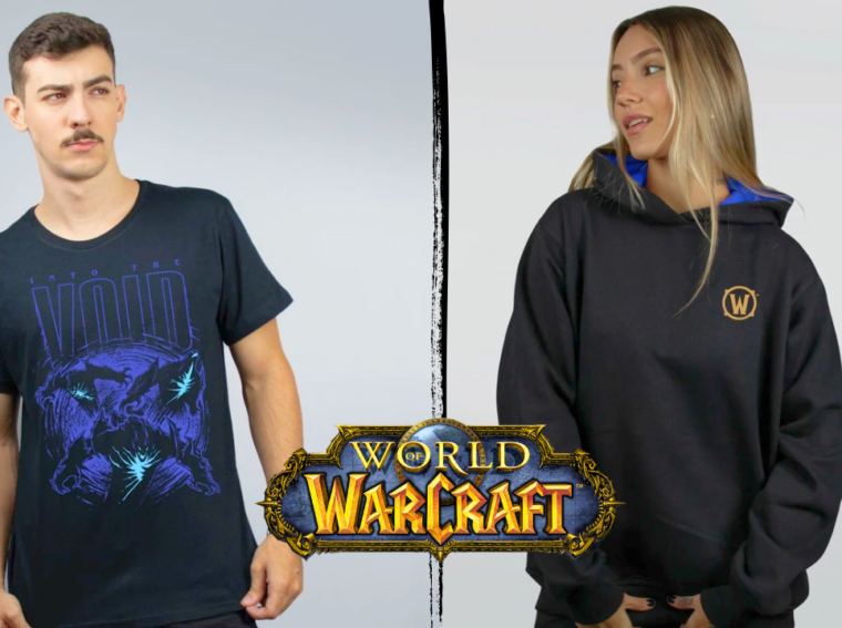 Montagem com modelos vestindo moletons da Horda e Aliança e camiseta e moletom da coleção oficial World of Warcraft da Lolja.