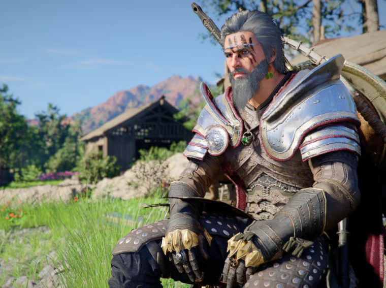 Kliff, o protagonista de Crimson Desert, olhando para o vasto mundo aberto de Pywel em uma colina.