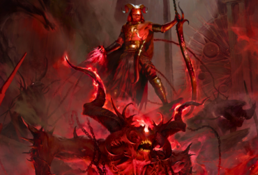 O personagem Açougueiro de Diablo IV em destaque para a Temporada do Massacre, com filtros de sangue.