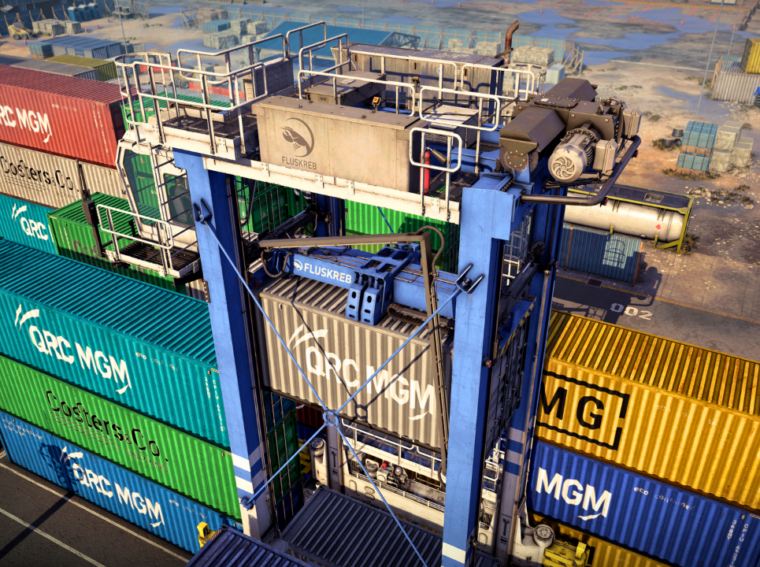 Visão panorâmica do porto de Port Wake no jogo Docked, mostrando guindastes gigantes e navios de carga em um pôr do sol realista.