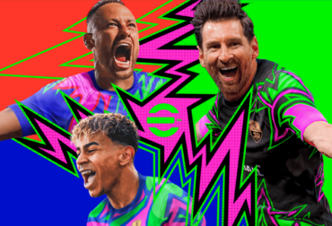 Arte promocional de Lionel Messi com o uniforme do modo World Tour no eFootball Kick-Off da Konami.