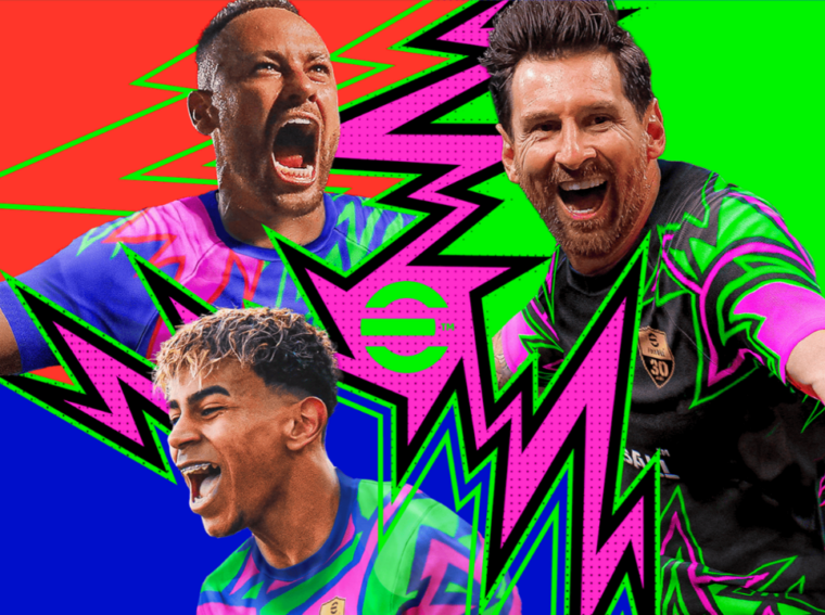 Arte promocional de Lionel Messi com o uniforme do modo World Tour no eFootball Kick-Off da Konami.