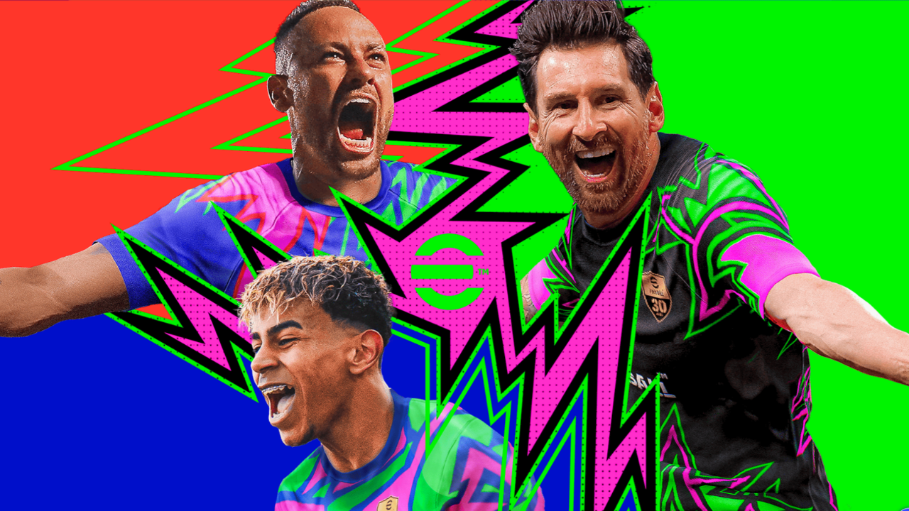 Arte promocional de Lionel Messi com o uniforme do modo World Tour no eFootball Kick-Off da Konami.