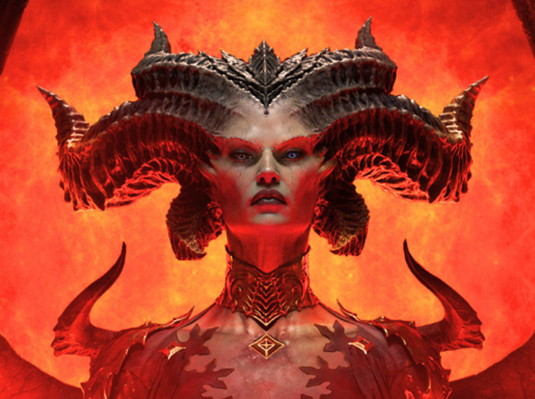 Pôster promocional da expansão Lord of Hatred de Diablo IV, destacando a arte sombria de Mephisto e informações do evento em São Paulo.