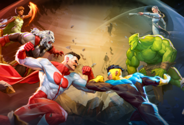 Ilustração oficial de Invincible VS mostrando Mark Grayson e Omni-Man em posição de combate com cenário destrutível ao fundo.