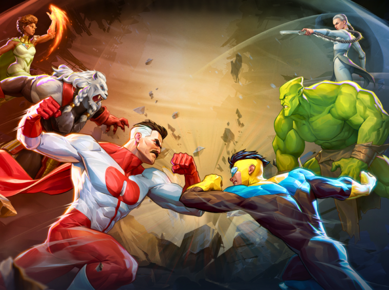 Ilustração oficial de Invincible VS mostrando Mark Grayson e Omni-Man em posição de combate com cenário destrutível ao fundo.