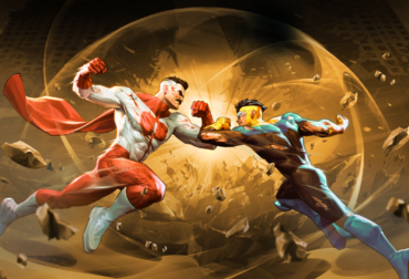 Arte promocional do jogo de luta Invincible VS destacando o combate brutal entre Omni-Man e Mark Grayson. A cena apresenta cores vibrantes, sangue nos trajes e um estilo visual fiel aos quadrinhos de Robert Kirkman.