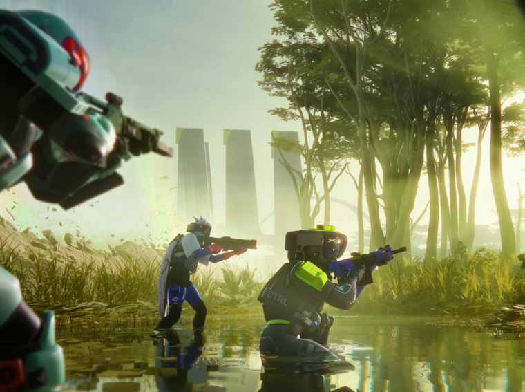Runner Shell do jogo Marathon da Bungie em posição de combate em um cenário futurista de New Cascadia.