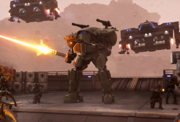 O novo veículo bípede M11E Babar de Starship Troopers: Extermination disparando seus canhões contra uma horda de insetos Aracnídeos.