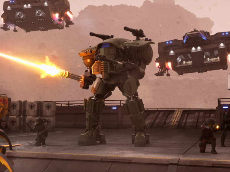 O novo veículo bípede M11E Babar de Starship Troopers: Extermination disparando seus canhões contra uma horda de insetos Aracnídeos.