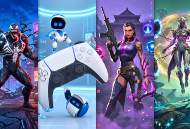Montagem com personagens de diversos jogos gratuitos para PS5, incluindo Marvel Rivals, Astro Bot e Valorant, sobre um fundo azul futurista.