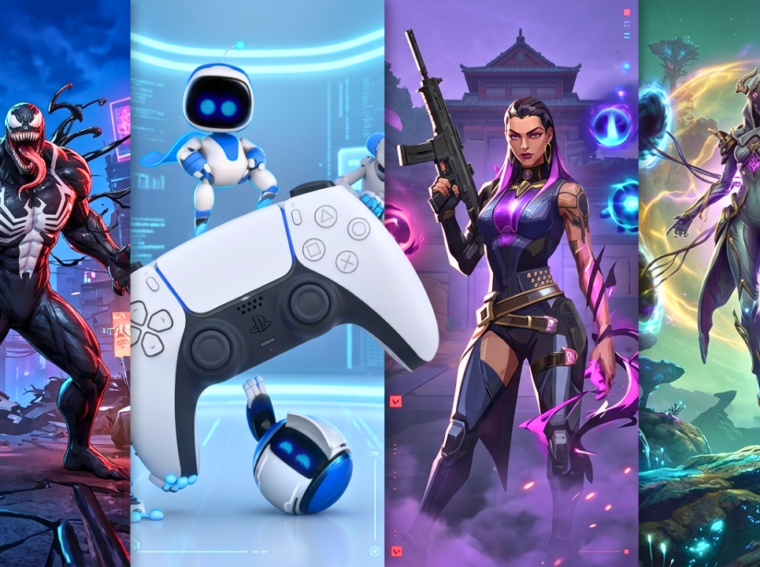 Montagem com personagens de diversos jogos gratuitos para PS5, incluindo Marvel Rivals, Astro Bot e Valorant, sobre um fundo azul futurista.