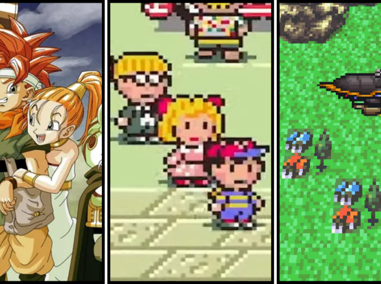 Montagem com os protagonistas dos melhores RPGs de turno da era 16-bits, destacando Chrono de Chrono Trigger, Final Fantasy VI e EarthBound.
