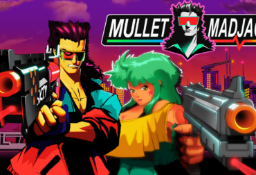 "Personagem de Mullet MadJack segurando uma arma em um corredor neon com estética de anime dos anos 90 e robôs ao fundo.