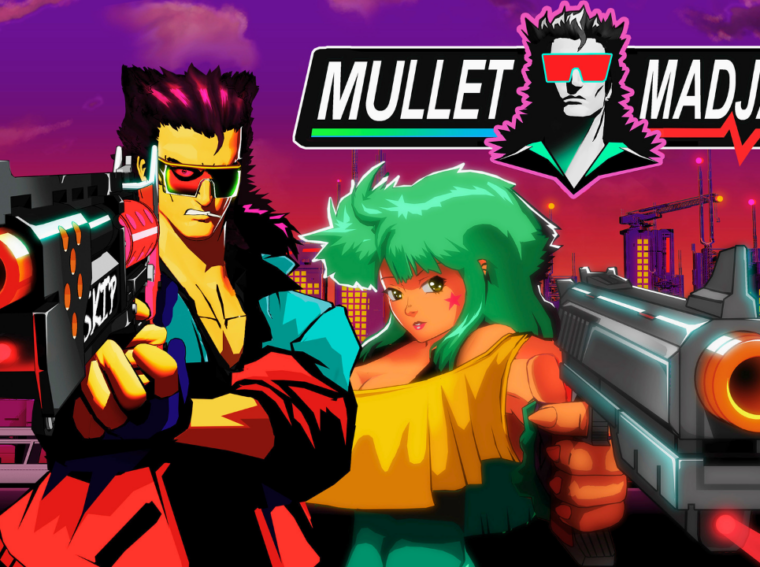 "Personagem de Mullet MadJack segurando uma arma em um corredor neon com estética de anime dos anos 90 e robôs ao fundo.