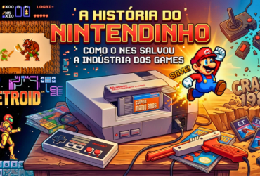 Capa da matéria 'A História do Nintendinho': Ilustração do console NES com Super Mario saltando e o texto 'Como o NES salvou a indústria dos games', ao lado de referências ao Crash de 1983.