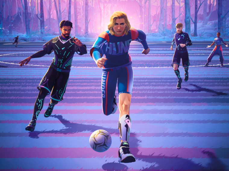 Personagem de Rematch usando novos equipamentos e roupas da Temporada 3 em uma arena futurista digital de futebol.