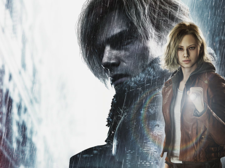 Arte principal de Resident Evil Requiem mostrando Leon S. Kennedy e a nova protagonista Grace Ashcroft em meio aos escombros de Raccoon City.