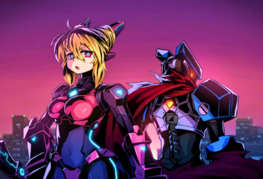 Os Caçadores Cósmicos Muu e Kelly em pose de combate na arte oficial de Super Alloy Crush, jogo indie lançado no Steam.