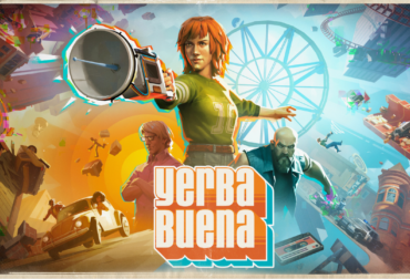 Arte oficial do jogo Yerba Buena mostrando a protagonista Barb em uma versão estilizada e surreal da San Francisco dos anos 70, com cores vibrantes e o logotipo do jogo.