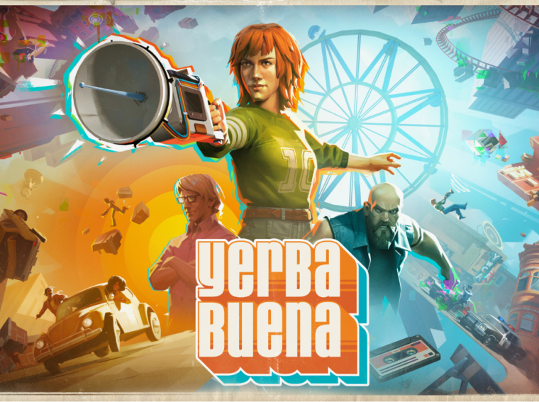 Arte oficial do jogo Yerba Buena mostrando a protagonista Barb em uma versão estilizada e surreal da San Francisco dos anos 70, com cores vibrantes e o logotipo do jogo.