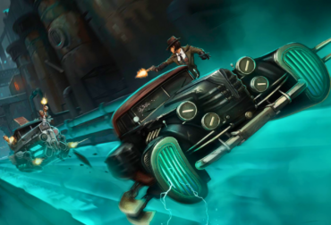 "Arte em estilo Art Déco do jogo Aether & Iron mostrando a protagonista Gia em frente a uma Nova York vertical e futurista dos anos 1930.