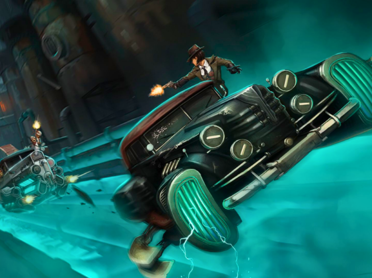"Arte em estilo Art Déco do jogo Aether & Iron mostrando a protagonista Gia em frente a uma Nova York vertical e futurista dos anos 1930.