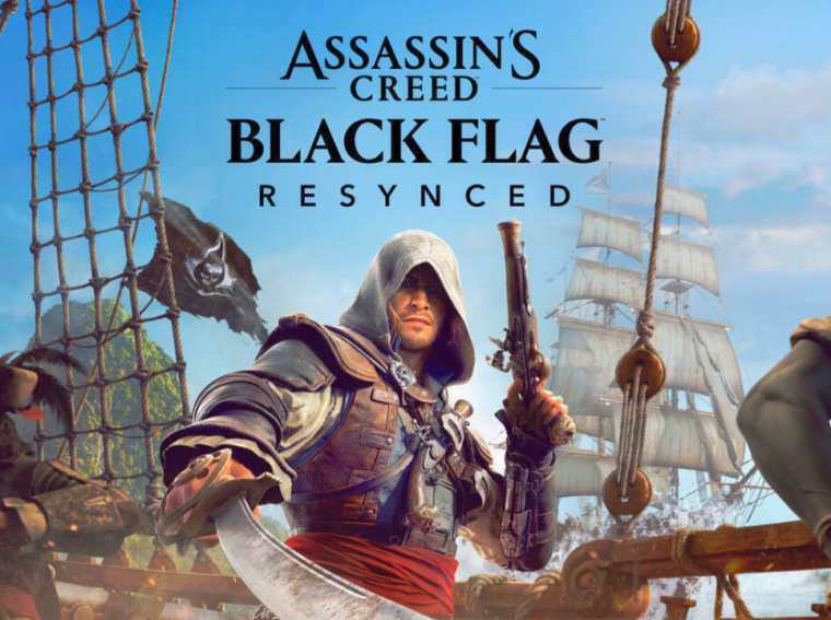 Edward Kenway empunhando suas espadas no convés do navio Gralha em Assassin's Creed Black Flag Resynced.