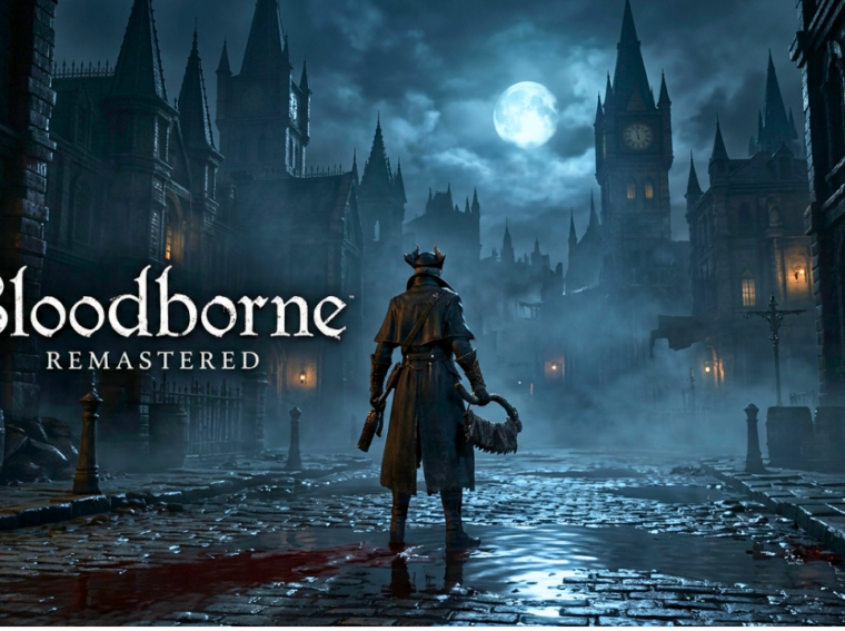 O Caçador de Bloodborne em pé no centro de Yharnam com iluminação aprimorada e texturas em 4K para a versão Remastered no PS5 e PC.