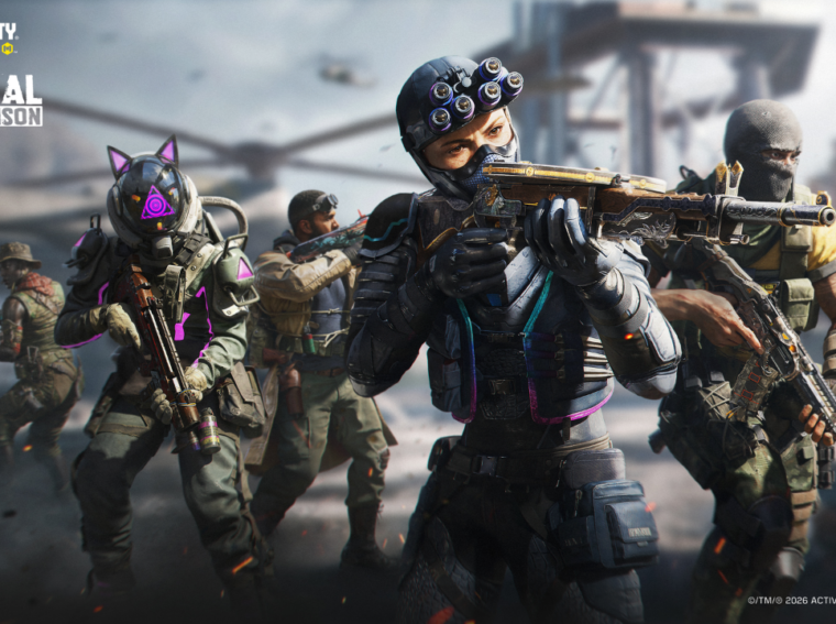 Arte promocional de Call of Duty: Mobile Temporada 4 mostrando operadores com armaduras inspiradas em Godzilla e Kong em meio a uma batalha urbana.