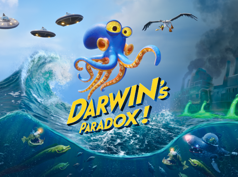 Arte oficial de Darwin's Paradox! mostrando o polvo Darwin em destaque com luzes neon e o logo da corporação UFOOD INC ao fundo.