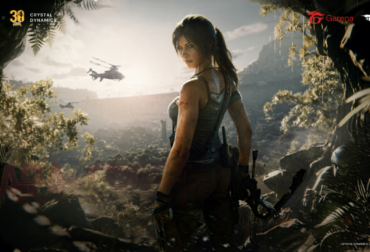 Ilustração da operadora Luna do Garena Delta Force usando o visual tributo à Lara Croft de Tomb Raider em um cenário de selva.