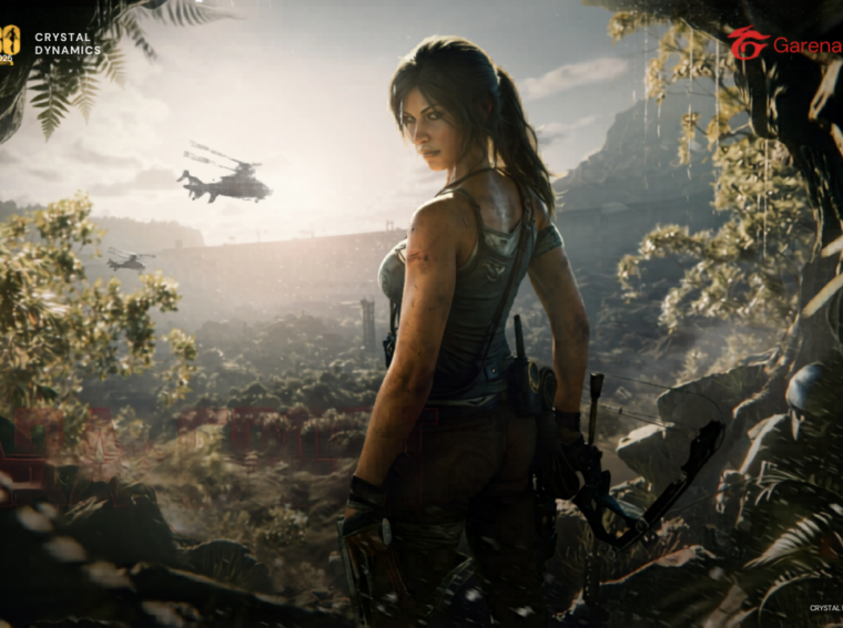 Ilustração da operadora Luna do Garena Delta Force usando o visual tributo à Lara Croft de Tomb Raider em um cenário de selva.