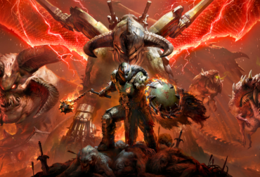 Imagem promocional do crossover "Reino de Slayer" em Diablo Immortal, mostrando o Doom Slayer com a Armadura Pretor e a Superescopeta enfrentando o Ciberdemônio em um cenário que mistura o Santuário com o inferno tecnológico de DOOM.