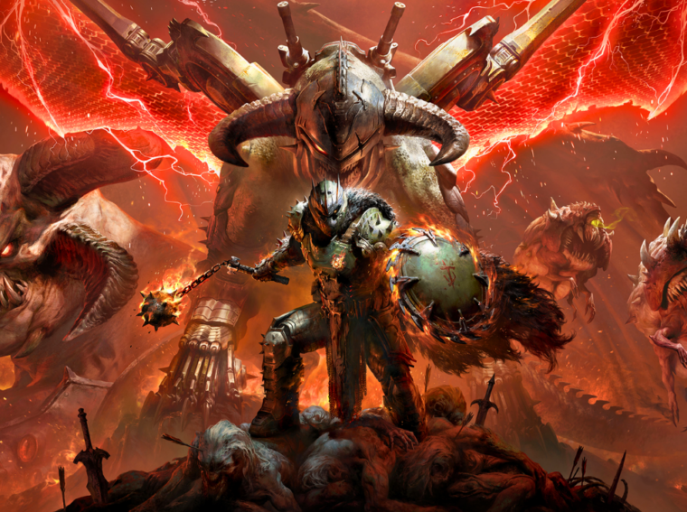 Imagem promocional do crossover "Reino de Slayer" em Diablo Immortal, mostrando o Doom Slayer com a Armadura Pretor e a Superescopeta enfrentando o Ciberdemônio em um cenário que mistura o Santuário com o inferno tecnológico de DOOM.