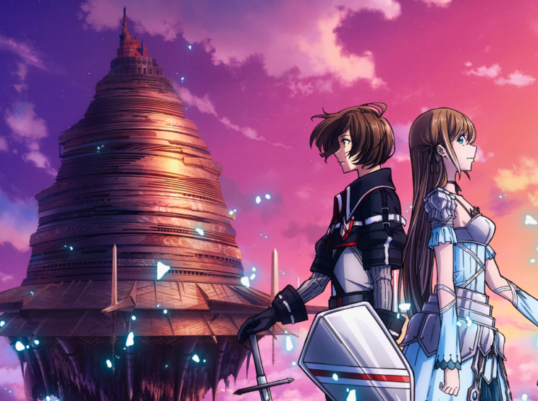 Arte promocional de Sword Art Online: ECHOES OF AINCRAD mostrando um personagem original customizável em primeiro plano com o castelo flutuante de Aincrad ao fundo.