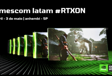 Logotipo da NVIDIA GeForce iluminado em verde neon em um estande moderno de tecnologia durante uma feira de games.