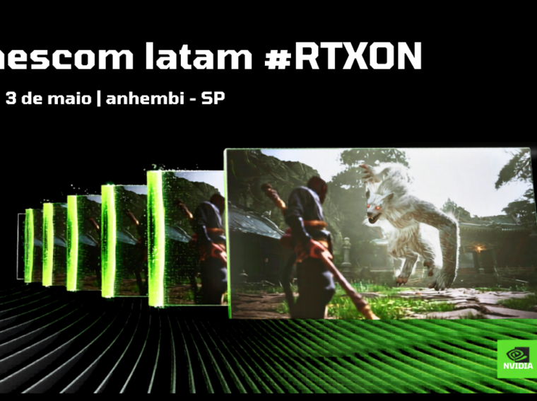 Logotipo da NVIDIA GeForce iluminado em verde neon em um estande moderno de tecnologia durante uma feira de games.