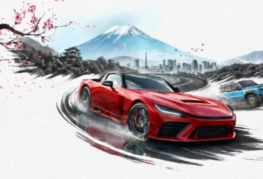 O carro de capa de Forza Horizon 6, o supercarro Toyota GR GT, acelerando em uma estrada cercada por árvores de Sakura (cerejeiras) no Japão.