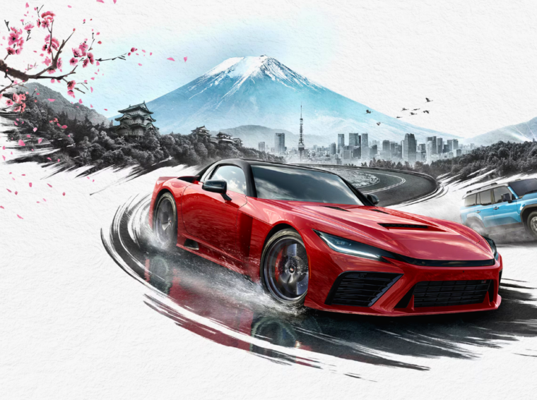 O carro de capa de Forza Horizon 6, o supercarro Toyota GR GT, acelerando em uma estrada cercada por árvores de Sakura (cerejeiras) no Japão.