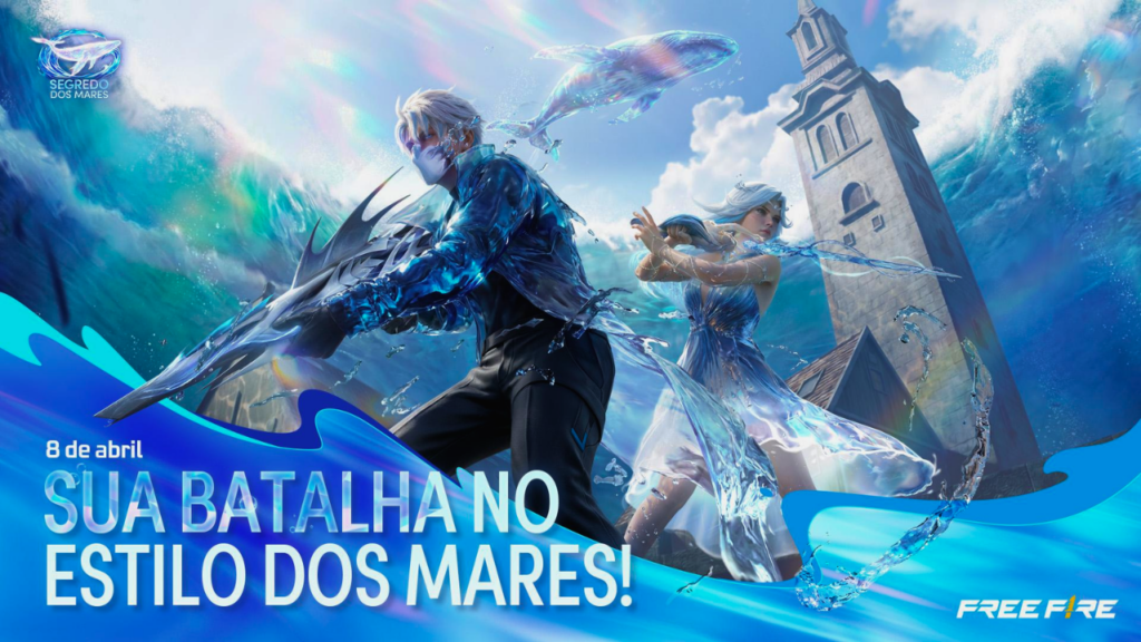 O novo personagem Ray do Free Fire em destaque, usando seu traje de combate azulado e exibindo a interface de sua habilidade de marcação de inimigos