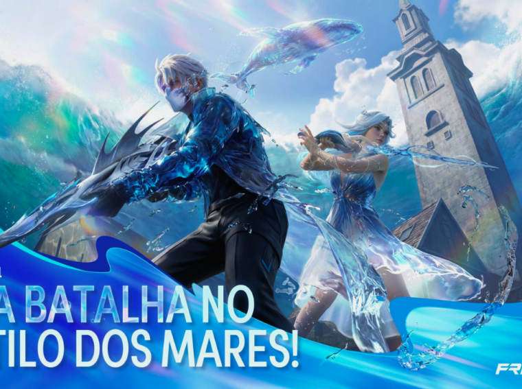 O novo personagem Ray do Free Fire em destaque, usando seu traje de combate azulado e exibindo a interface de sua habilidade de marcação de inimigos
