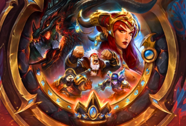 Arte promocional da Temporada 13 de Hearthstone Battlegrounds, intitulada O Chamado do Cataclismo, mostrando heróis e lacaios em um cenário de destruição.