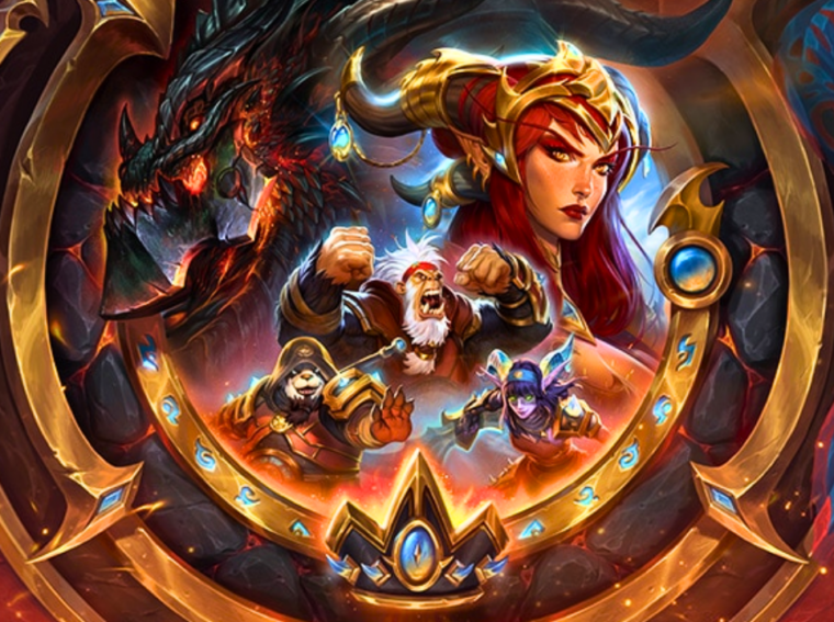 Arte promocional da Temporada 13 de Hearthstone Battlegrounds, intitulada O Chamado do Cataclismo, mostrando heróis e lacaios em um cenário de destruição.