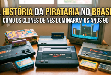 Uma coleção de consoles brasileiros clássicos dos anos 90, incluindo o Phantom System da Gradiente e o Turbo Game da CCE, sobre um fundo de madeira retrô.